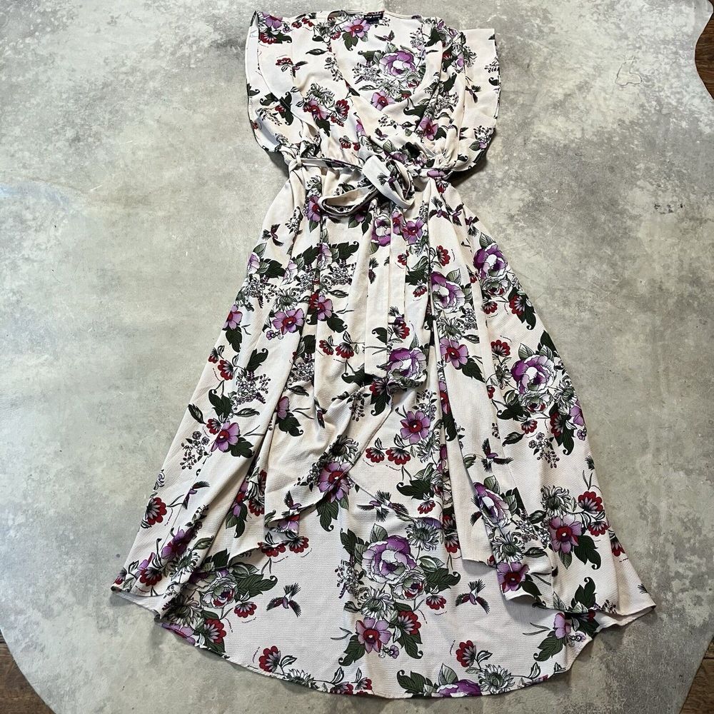 City Chic Wrap Dress Womens XL/22 Beige Multicolor Lolita Cream Floral High Low